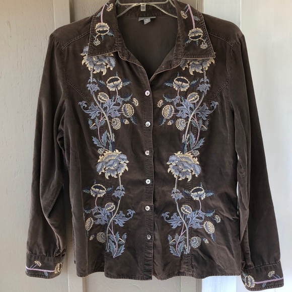 J. Jill Chocolate Brown Corduroy Embroidered Floral Button Down Shirt Womens S - Picture 1 of 12